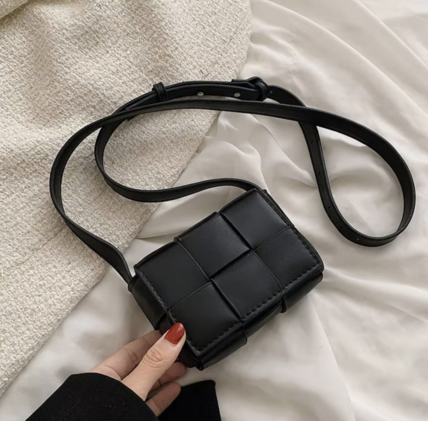 NEW Mini Square Braided Cassette Style Bag,Woven Crossbody Shoulder Purse, BLACK