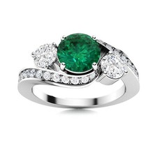 925 Sterling Silver 5MM Round Shape Emerald Three Stone Women Wedding Ring