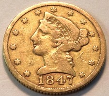 1847 C $5 Gold Liberty Half Eagle, Scarce Charlotte Middle Grade Det Five Dollar