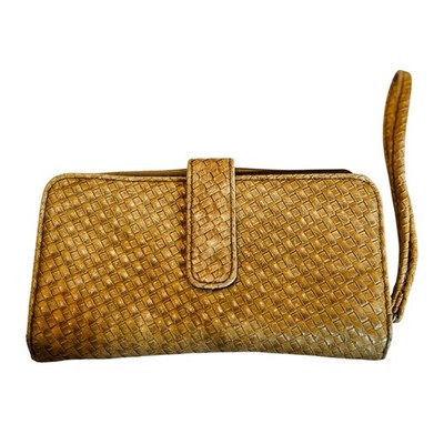 Vintage Woven Tan Zip Around Wristlet Wallet Organizer Clutch Basketweave