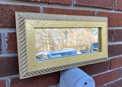Vintage Rectangular Wall Mirror Gold Tone Frame With Ribbed Pattern 13 L x 7 H