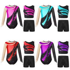 US Kids Sparkly Leotard Bodysuit Dance Unitard Biketard Crop Top with Shorts Set