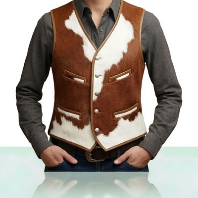 Mens Genuine Cowhide Leather Vest Hair On Hide Western Cowboy Waistcoat Ranch Gi