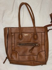 Christian Siriano Brown Faux Leather Tote Bag – Gold Zipper, Large Purse
