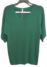 Women  s Green Lightweight Knit Sweater Top Short Sleeve V Neck Work Casual M NWT