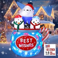 6FT Christmas Inflatables Outdoor Decs, 6FT Polar Bear with Penguins in Cup