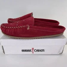 Minnetonka Red Suede Mule Driving Moc Loafers Cut Out Design Slip On Sz 10