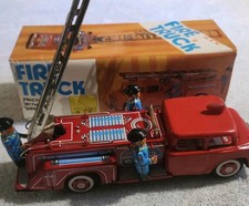 Vtg Tin Toy Fire Truck Friction with Siren MF718 China in Original Box A