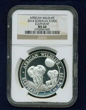 SOMALIA 2014 100 SHILLINGS SILVER COIN "ELEPHANT" CERTIFIED SUPERB GEM NGC MS68