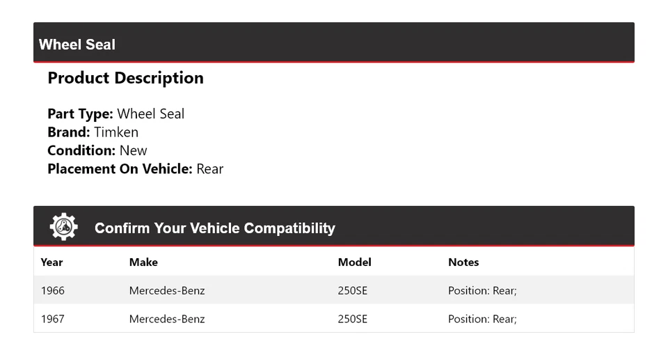 Vedação de roda traseira Timken para 1966-1967 Mercedes-Benz 250SE - Imagem 2 de 4