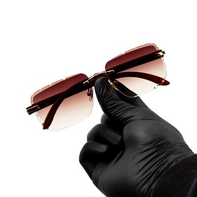 Men's Rimless Burgundy Gradient Tint Hip Hop Gold Frame Woodgrain Sunglasses
