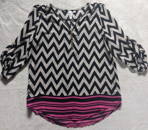 Tacera tunica top blusa camicia donna L nero bianco fucsia stampa chevron cerniera