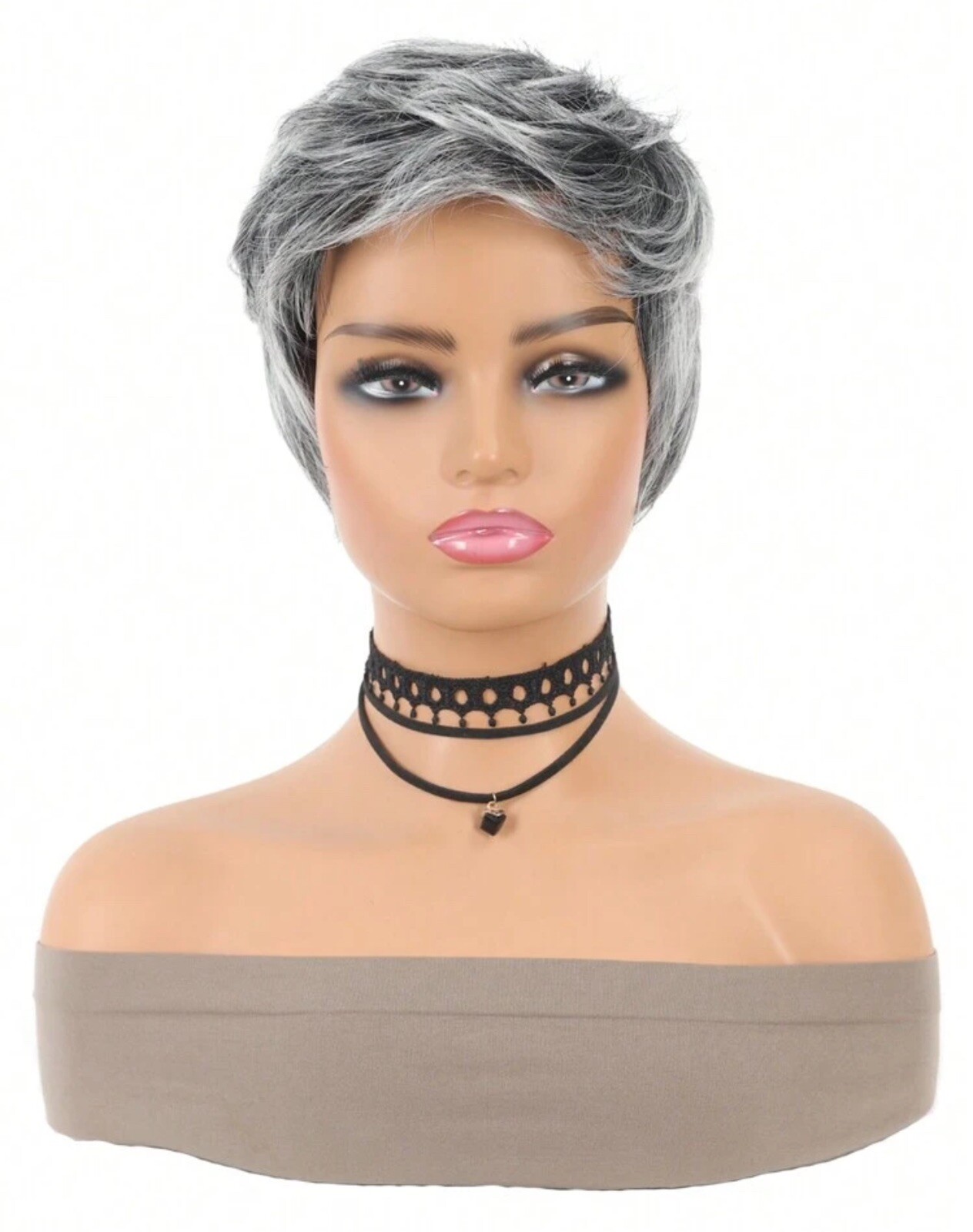 Perruque synthétique femme pixie grise courte wig frange cheveux