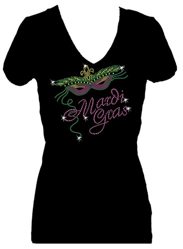 CAMISETA DE MANGA CORTA MARDI GRAS FLOR DE LIS RHINESTONE PARTY LOVE CUELLO EN V - Imagen 4 de 4