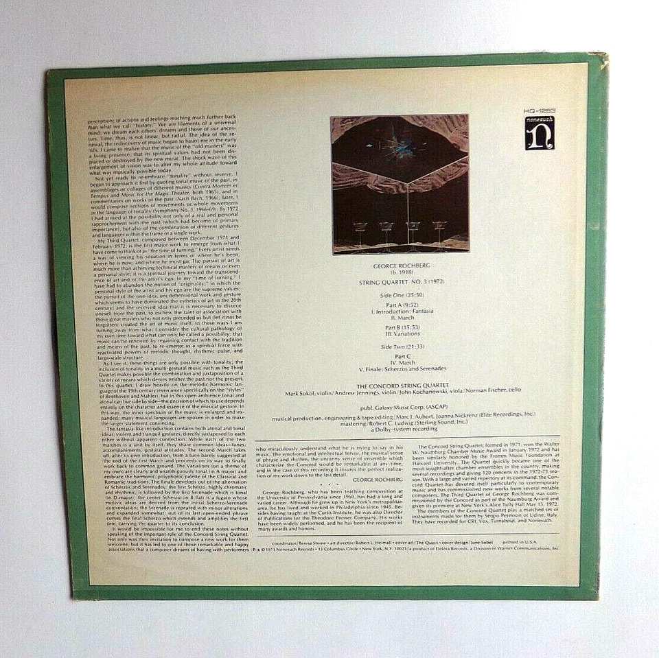 ROCHBERG String Quartet #3 - CONCORD QUARTET - NONESUCH VINYL LP - Image 2 of 2