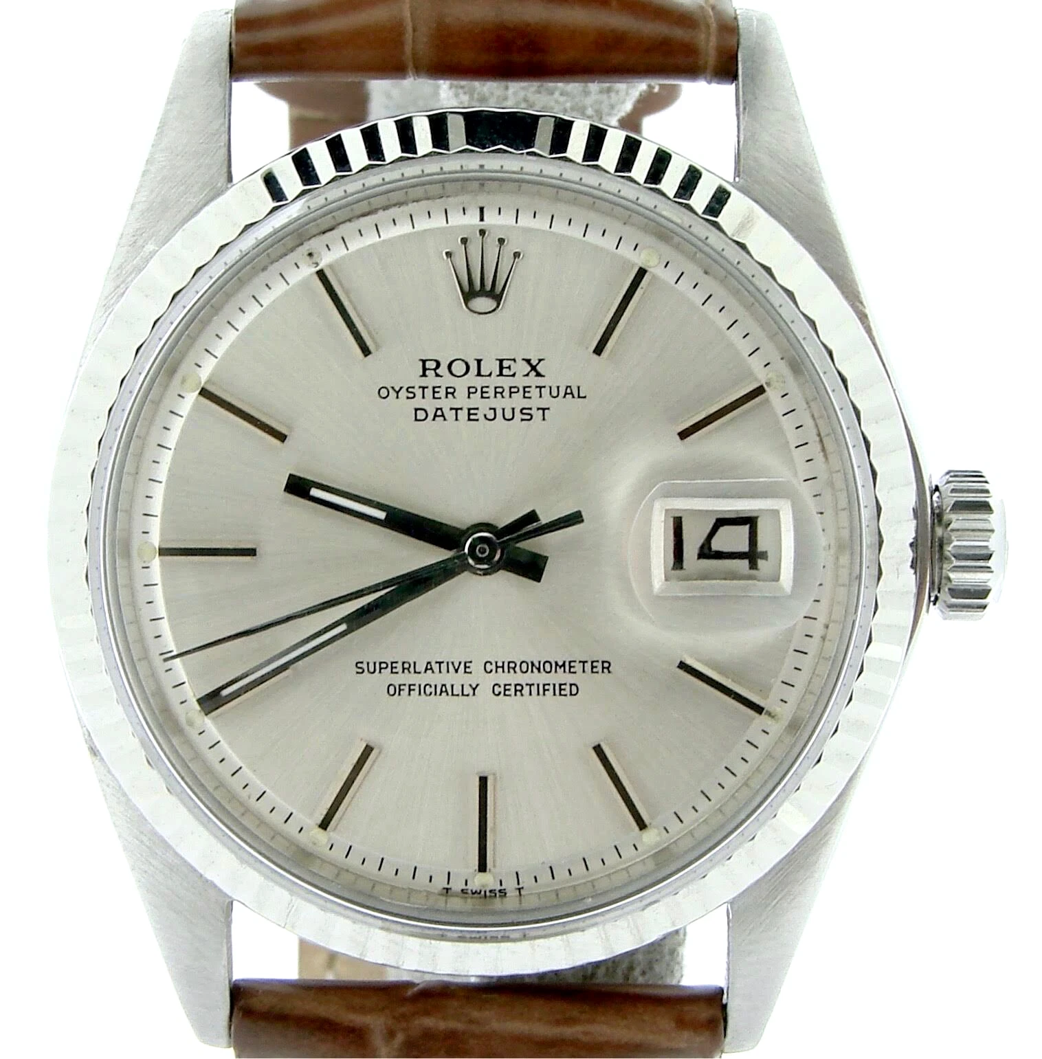 Rolex — Rolex Datejust Men Stainless Steel 18K White Gold Watch Silver Dial Brown 1601