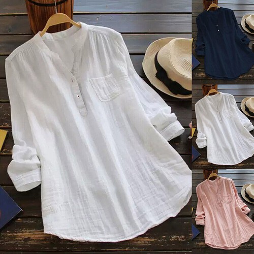 V Neck Long Sleeve T-Shirt Tunic Tops Ladies Casual Cotton Linen | eBay