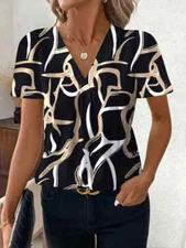 Fashion Ladies V Neck Tops Summer Print Short Sleeve Blouse Casual Tee Shirts