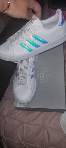 Adidas Grand Court EE9689 Womens Trainers Leather White \u0026 Iridescent Size  8.5 | eBay