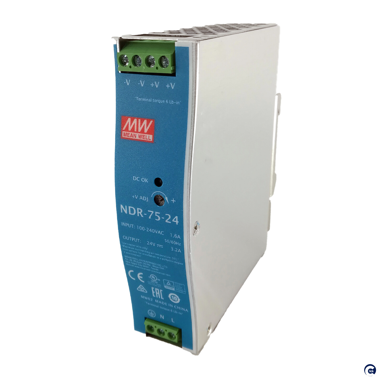 ALIMENTATORE 24VDC 3,2A 75 Watt MEAN WELL NDR-75-24 Industriale Guida DIN