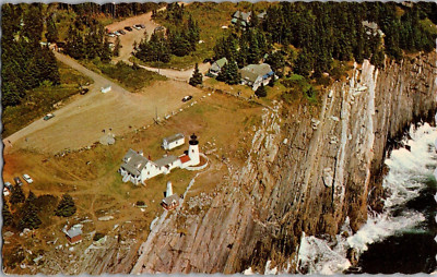 Postcard Aerial View Pemaquid Lighthouse Pemaquid Point Maine Chrome Unposted