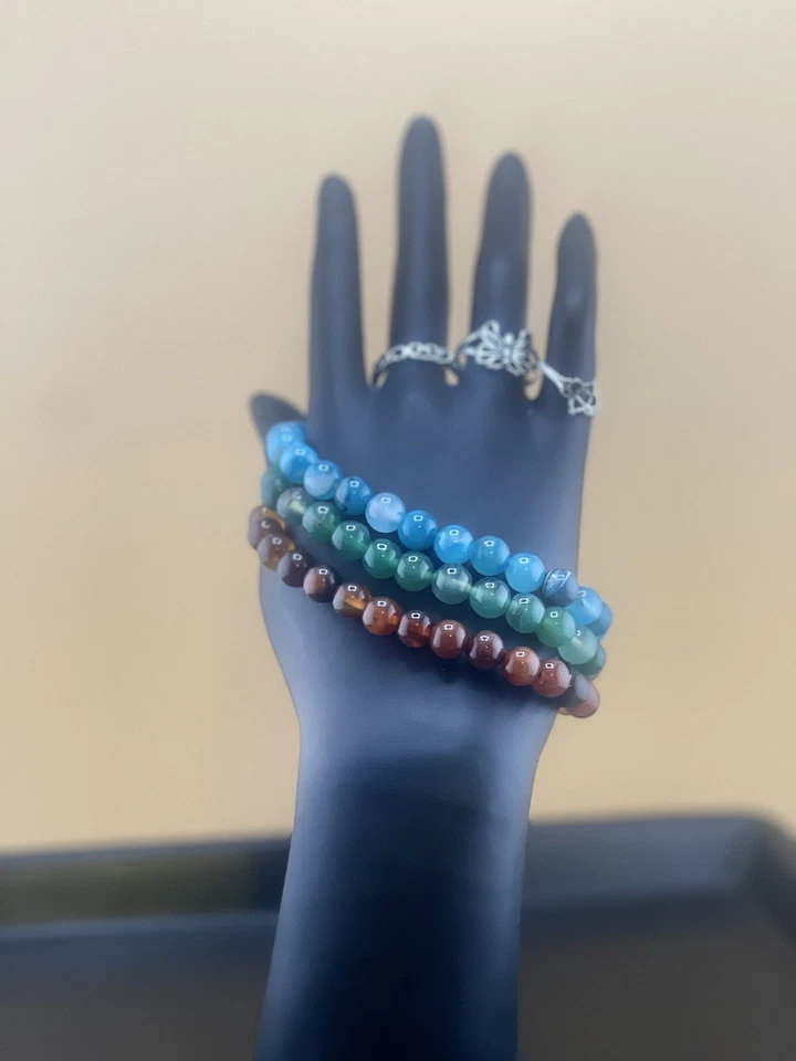Set Of 3 Agate Crystal Stone Bracelets And 3 Stainless Metal Rings Sizes 6-7 - Image 4 of 4
