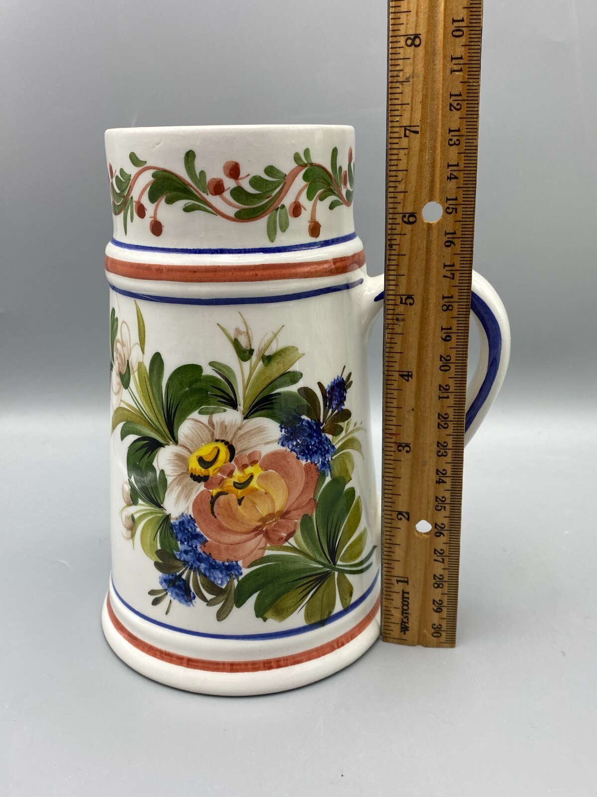 Floral Polychrome Hand Painted Pitcher Jug Flower Pot 7.25"