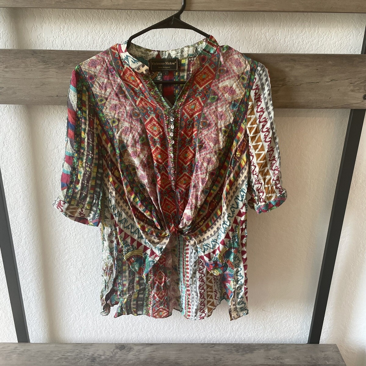 Vivienne Midow 100% Silk Blouse Vintage Colorful Art Wear Tie