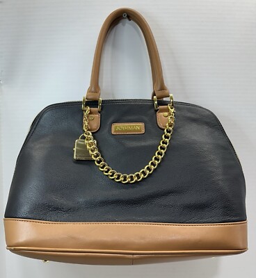 Joy & Iman Pebbled Leather Black & Brown Satchel Handbag Purse