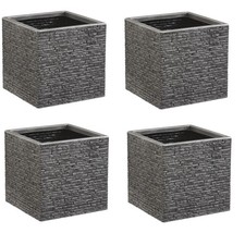 4 x 32cm Grey Brick Stone Effect Square Plastic Planter Flower Pot Patio Planter