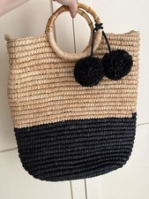 LK Bennett Raffia Woven Straw Pom Pom Tote Bag