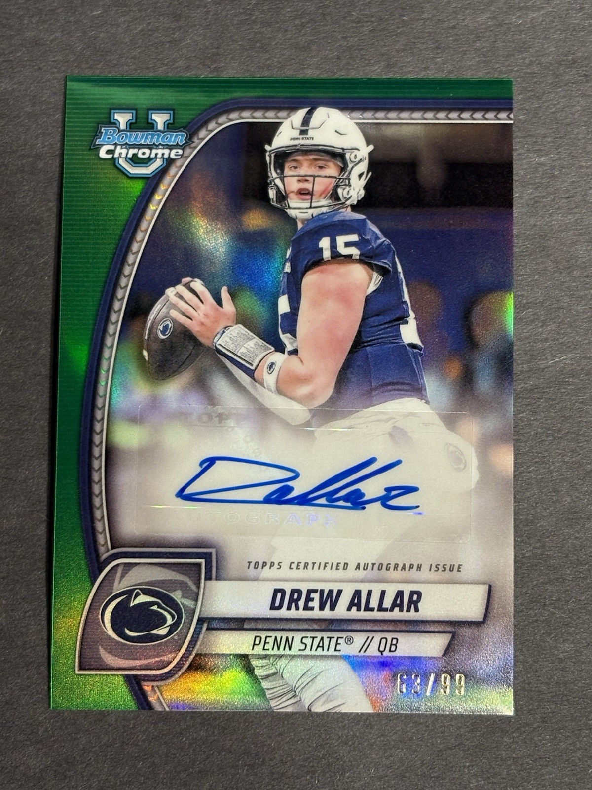 2024 Bowman U Chrome Drew Allar Auto Green /99 SSP Penn State PA-DAL