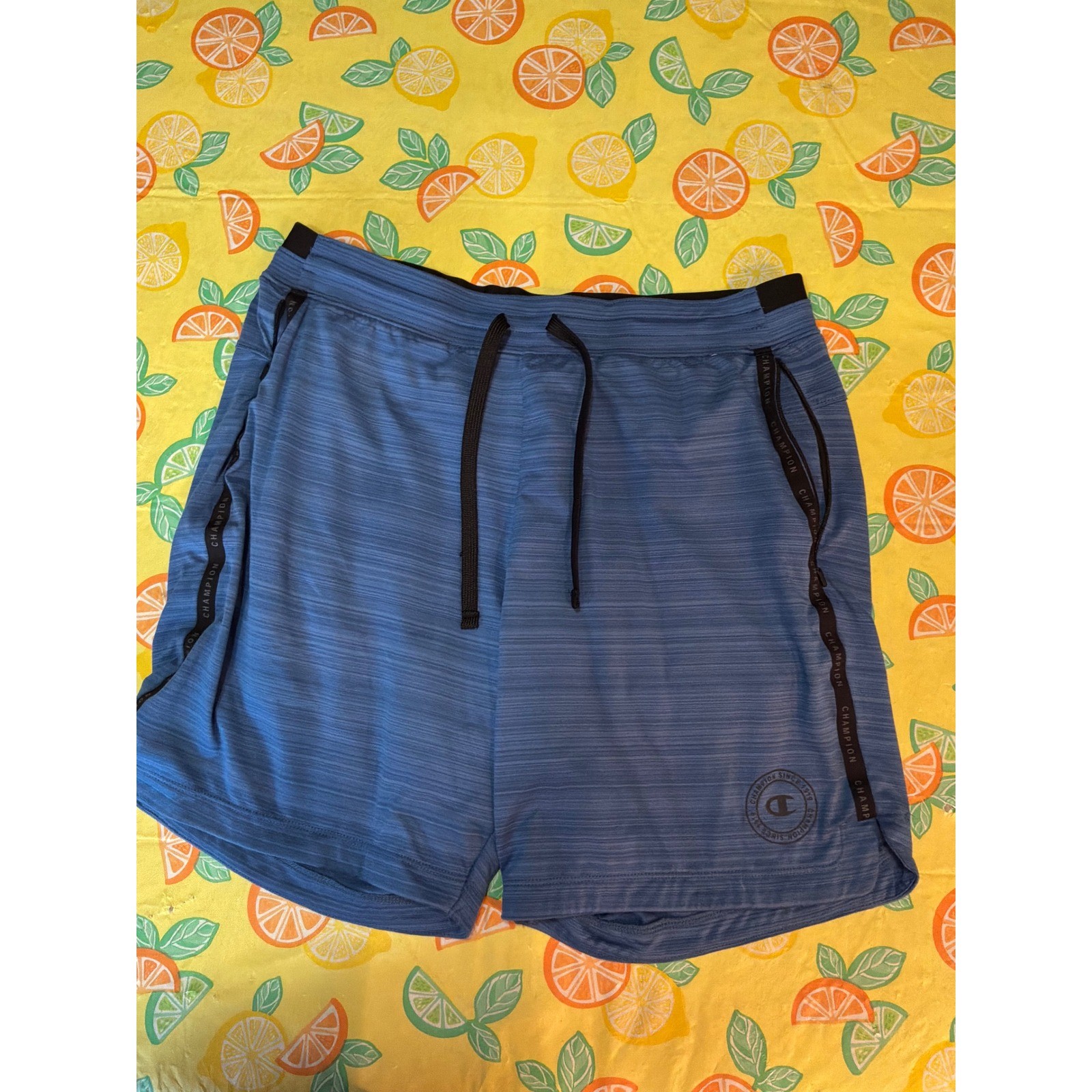 Champion Athletic Shorts Mens Large Blue Space Dye Zipper Pockets Drawstring