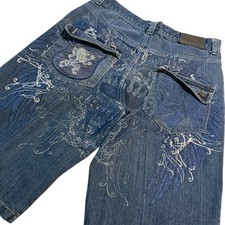 Y2K RAW BLUE BAGGY EMBROIDERED JEAN SHORTS "RUTHLESS" SIZE 34
