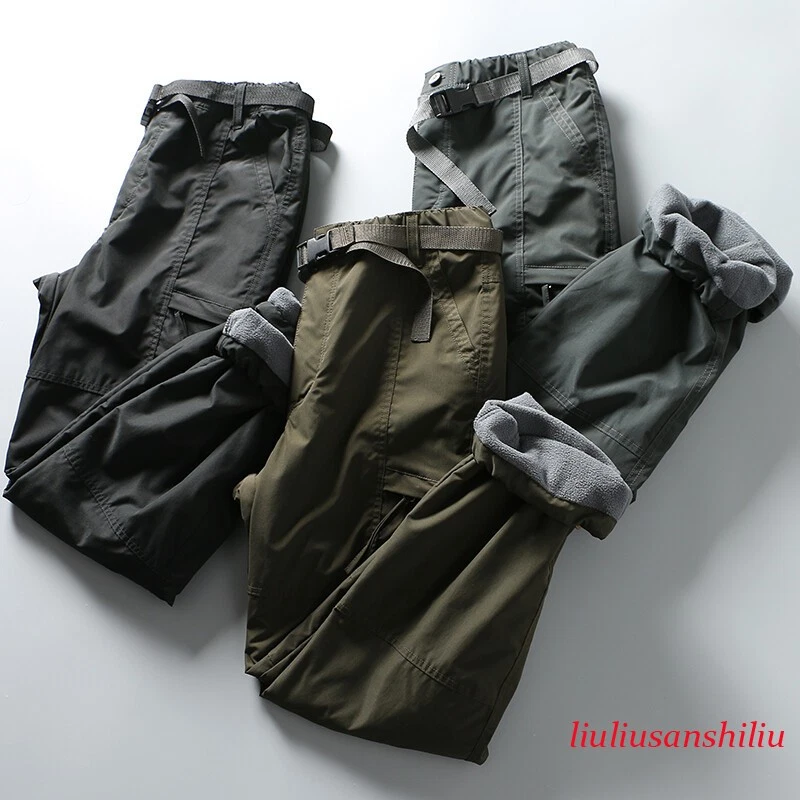 Men Cargo Windproof Velvet Thermal Pants Winter Casual Trousers with Belt Loose