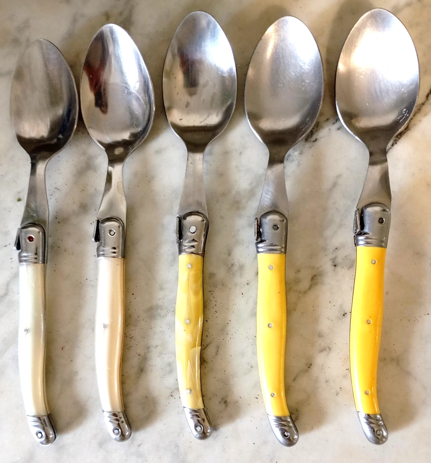 Laguiole 5 Serving Spoons Lot France Stainless White Yellow Bee