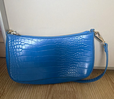 Damen Schultertasche klein blau Kunstleder Krokodilprägung Reißverschluss gold
