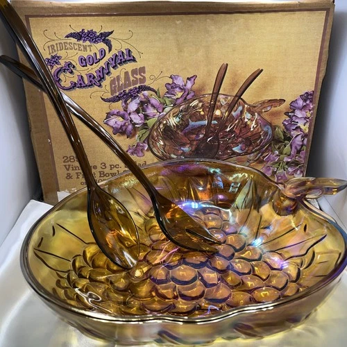 Iridescent Gold Carnival Glass Salad Fruit Bowl Indiana Retro 1970s Original box