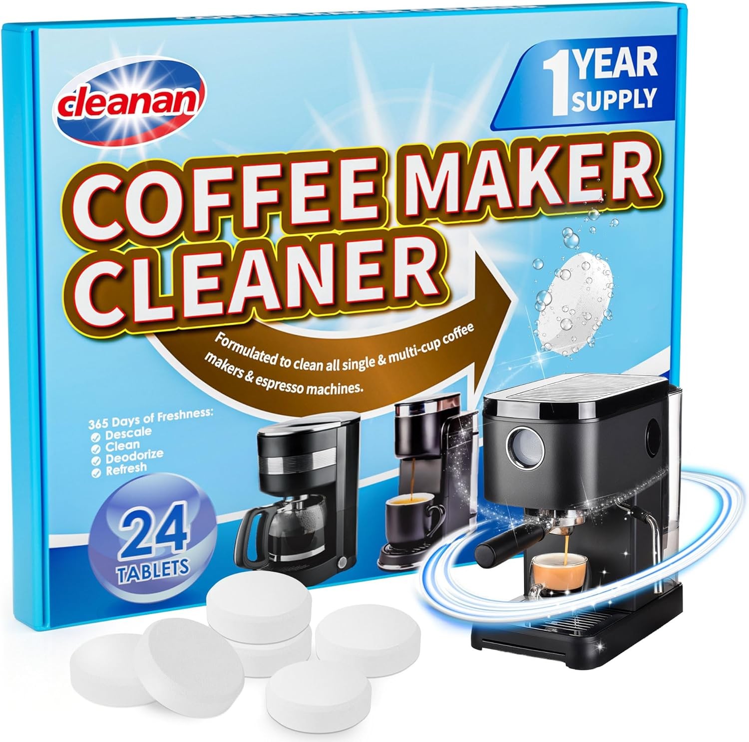 Coffee Maker Cleaner and Descaling Tablet - 24 Pack, Removes Limescale, Deep... 