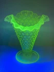 Vintage Fenton Uranium Glass Topaz Opalescent Hobnail Vase 6” Tall Nice GLOW!
