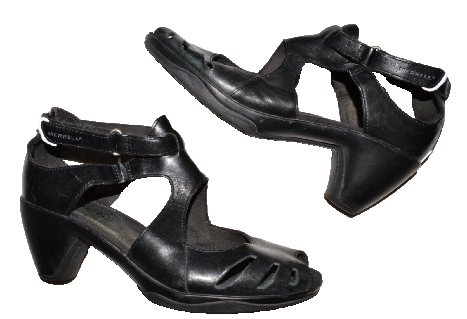 SANDALI MERRELL TAGLIA 7 M 37 5 NERI TAGLIATI IN PELLE PLATEAU CINTURINO CAVIGLIA TACCHI