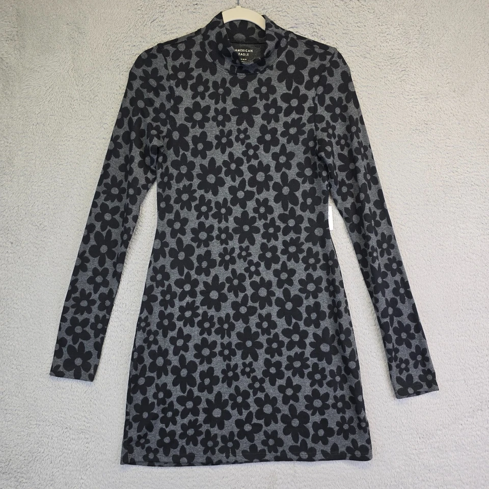 American Eagle Dress Women M Gray Mock Neck Floral Disco 70s Indie Bodycon Party - Image 3 of 4