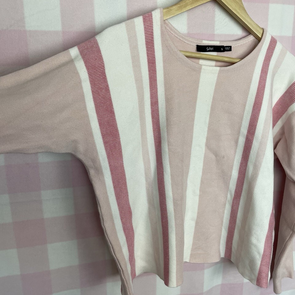SPORTSGIRL Size Small Knit Jumper Pink White Stripe Long Sleeve