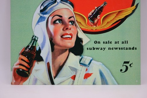 COCA- COLA TIN SIGN AVIATION SODA DRINK,PAUSE.. GO REFRESHED ,METAL 5 CENTS - Picture 2 of 4