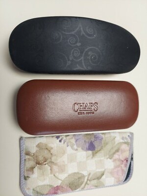 LOT OF 3 EYE GLASS CASES - CHAPS, RIMS AND ONE CLOTH FLOWERED CASE