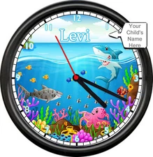Personalized Name Shark Child's Room Bedroom Boy Girl Under Sea Wall Sign Clock