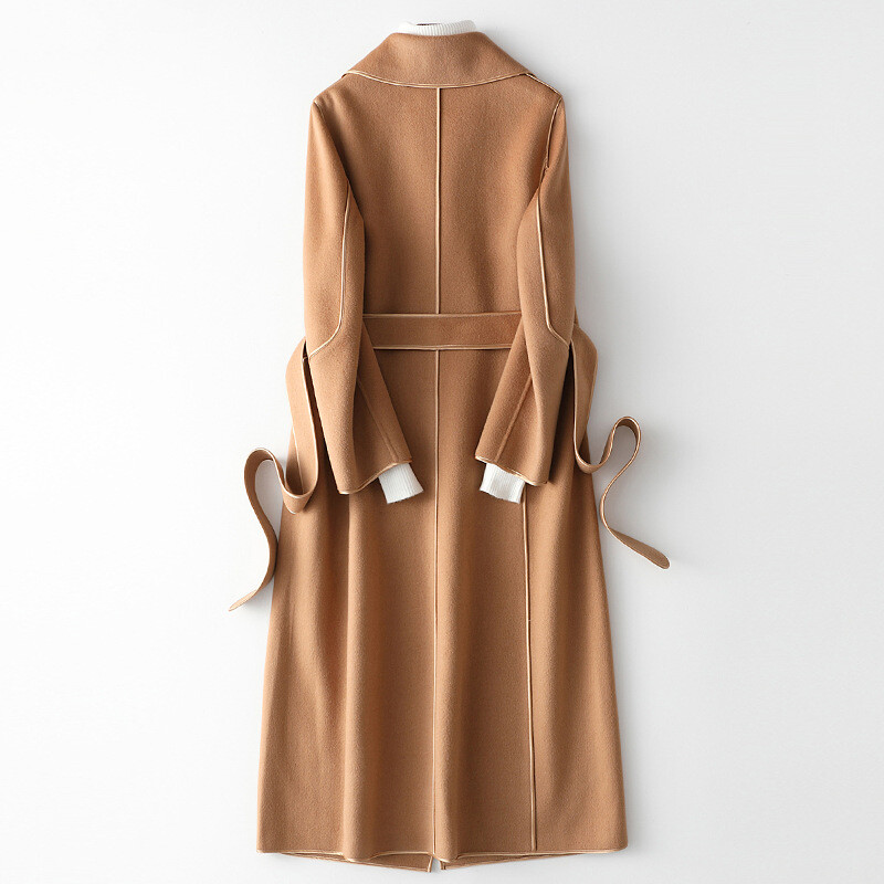 Women Double Sided 100% Wool Trench Coat Lapel Collar Long Over