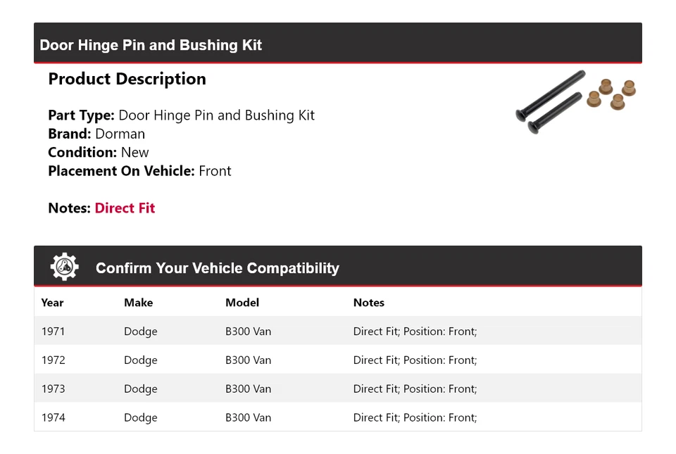 Kit de pasador y buje delantero 1972 para Dodge B300 Van Dorman 1971-1974 Foto 2 de 3
