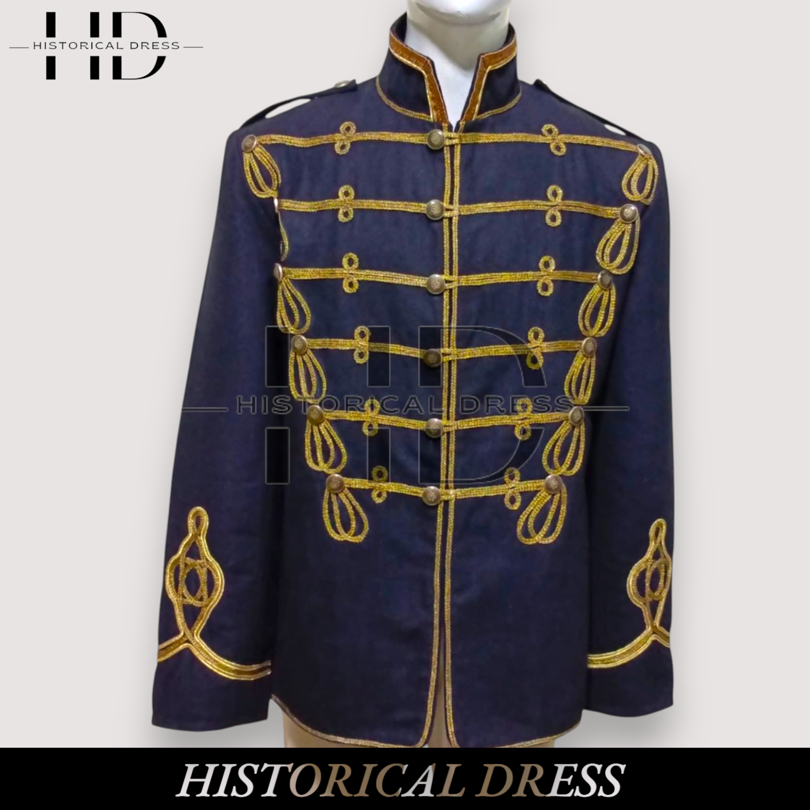 ALTRA Giacca Militare Uomo Ussaro Lana Blu Scuro con Treccia Oro e Bottoni