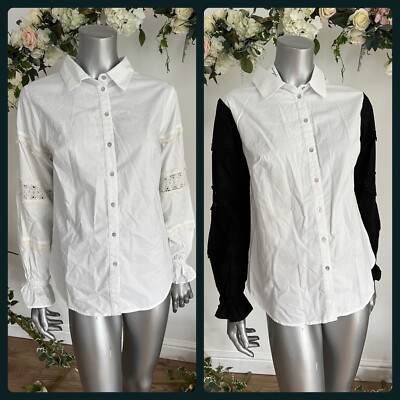 Influence Baumwolle Shirt Bluse Top Gr. 10 schwarz weiß Häkeleinsatz Neu MP101